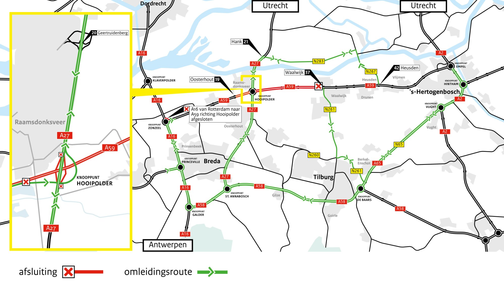 Omleidingsroutes A59 bij Hooipolder.